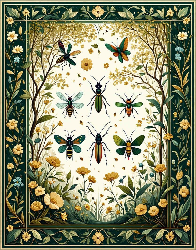 Whimsical Insects and Floral Border Rug