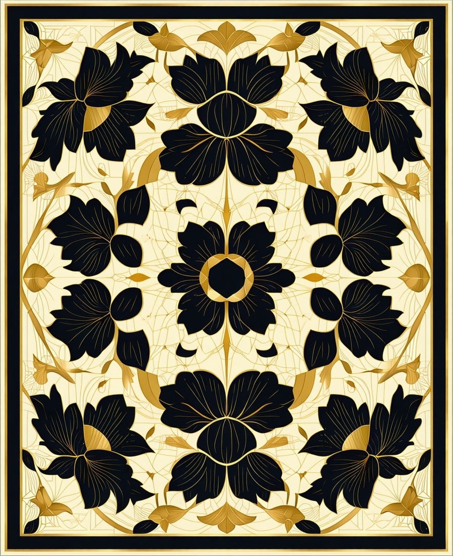 Ornate Black Gold Floral Pattern Rug