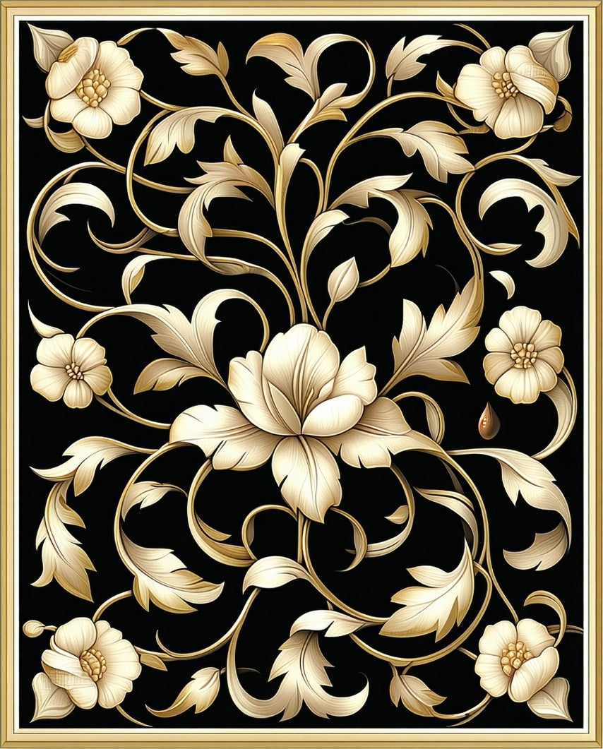 Ornate Black Gold Floral Design Rug