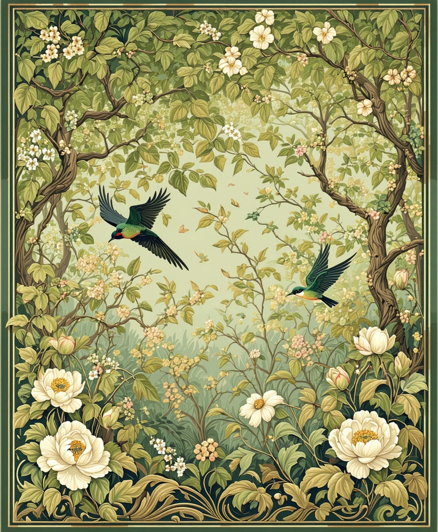 Enchanted Woodland Floral Bird Scene Rug