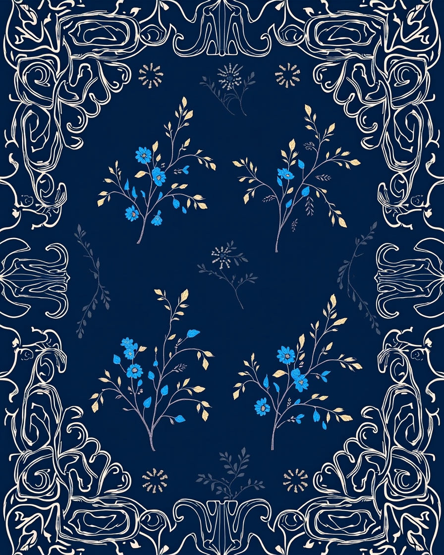 Elegant Blue Floral Vine Border Pattern Rug