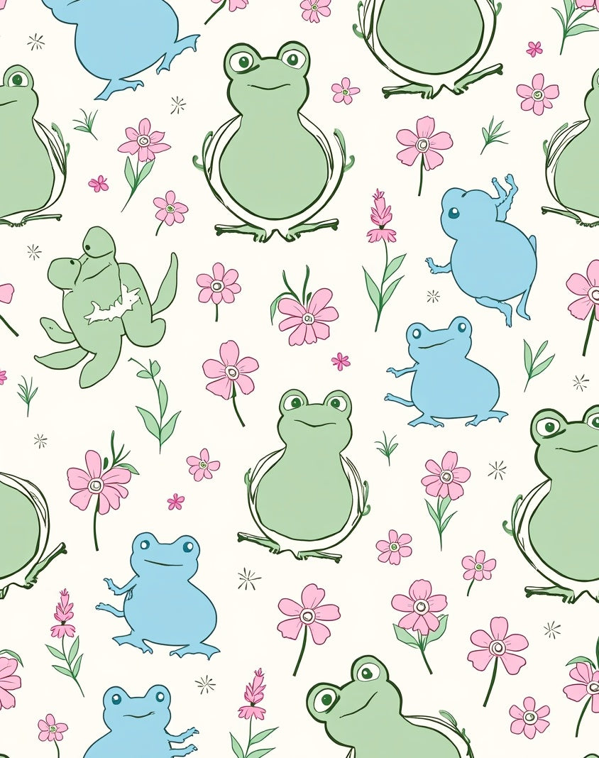 Playful Frogs and Floral Pattern Rug