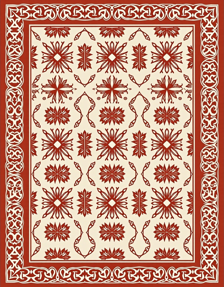 Crimson And Cream Geometric Floral Rug