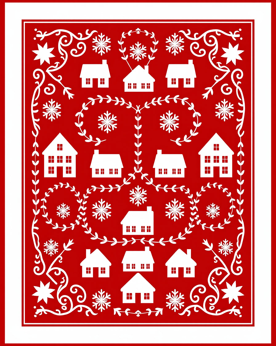 Charming Red White Village Snowflakes Rug