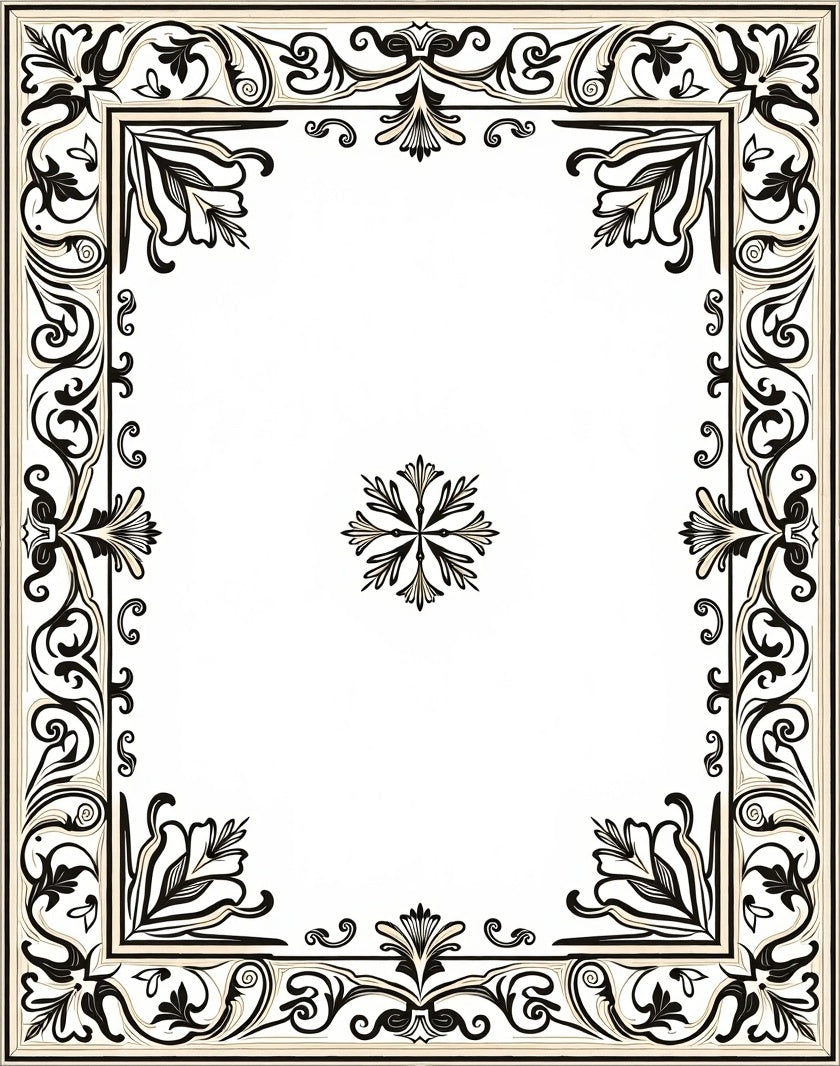 Ornate Black and Cream Scrollwork Border Rug