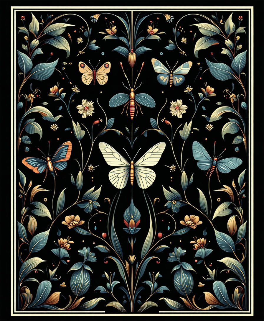 Dark Floral Butterfly Pattern Design Rug