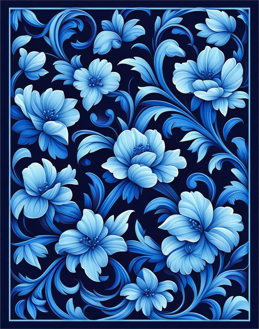 Rich Blue Floral Art Nouveau Pattern Rug