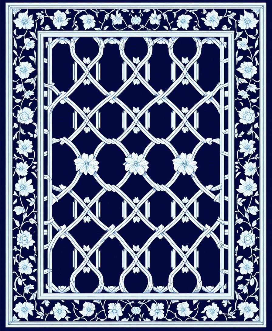 Elegant Blue Floral Lattice Design Rug