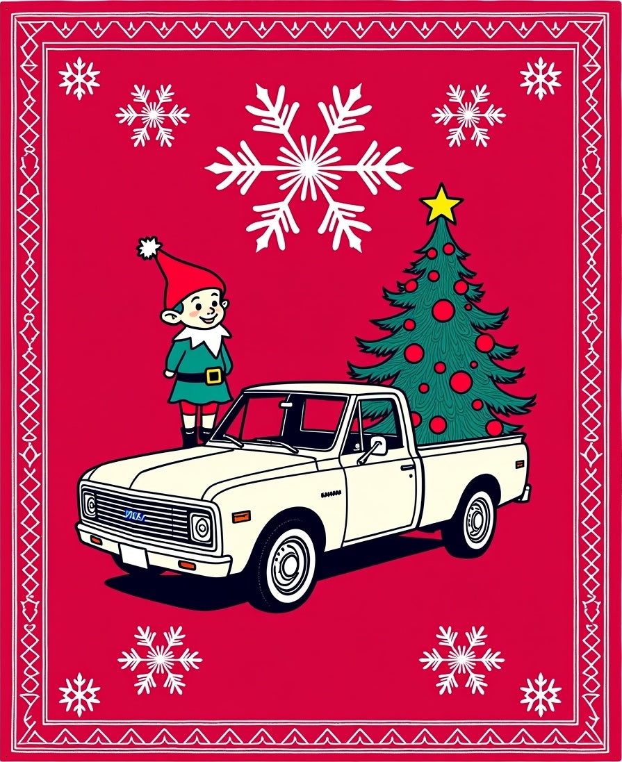 Christmas Elf with Truck Tree Snowflakes Rug