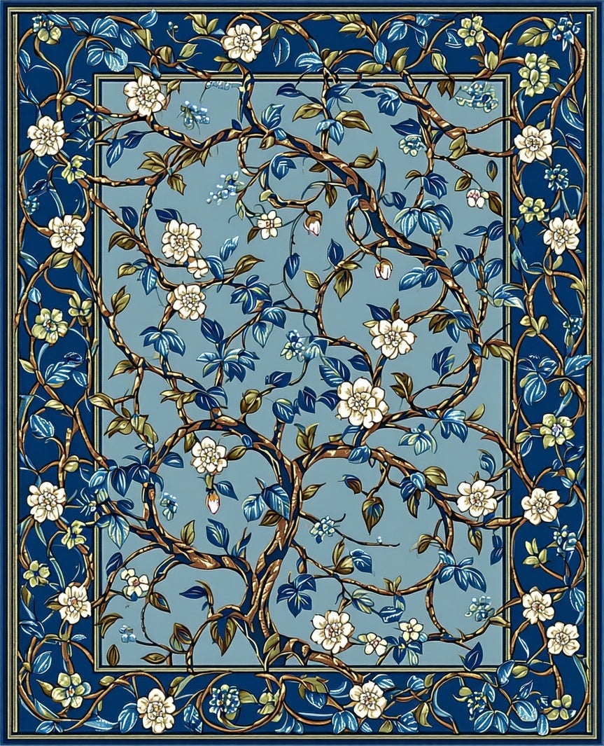 Blue Floral Tree Vine Pattern Rug