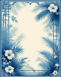 Tropical Blue Floral Palm Frame Rug