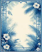 Tropical Blue Floral Palm Frame Rug