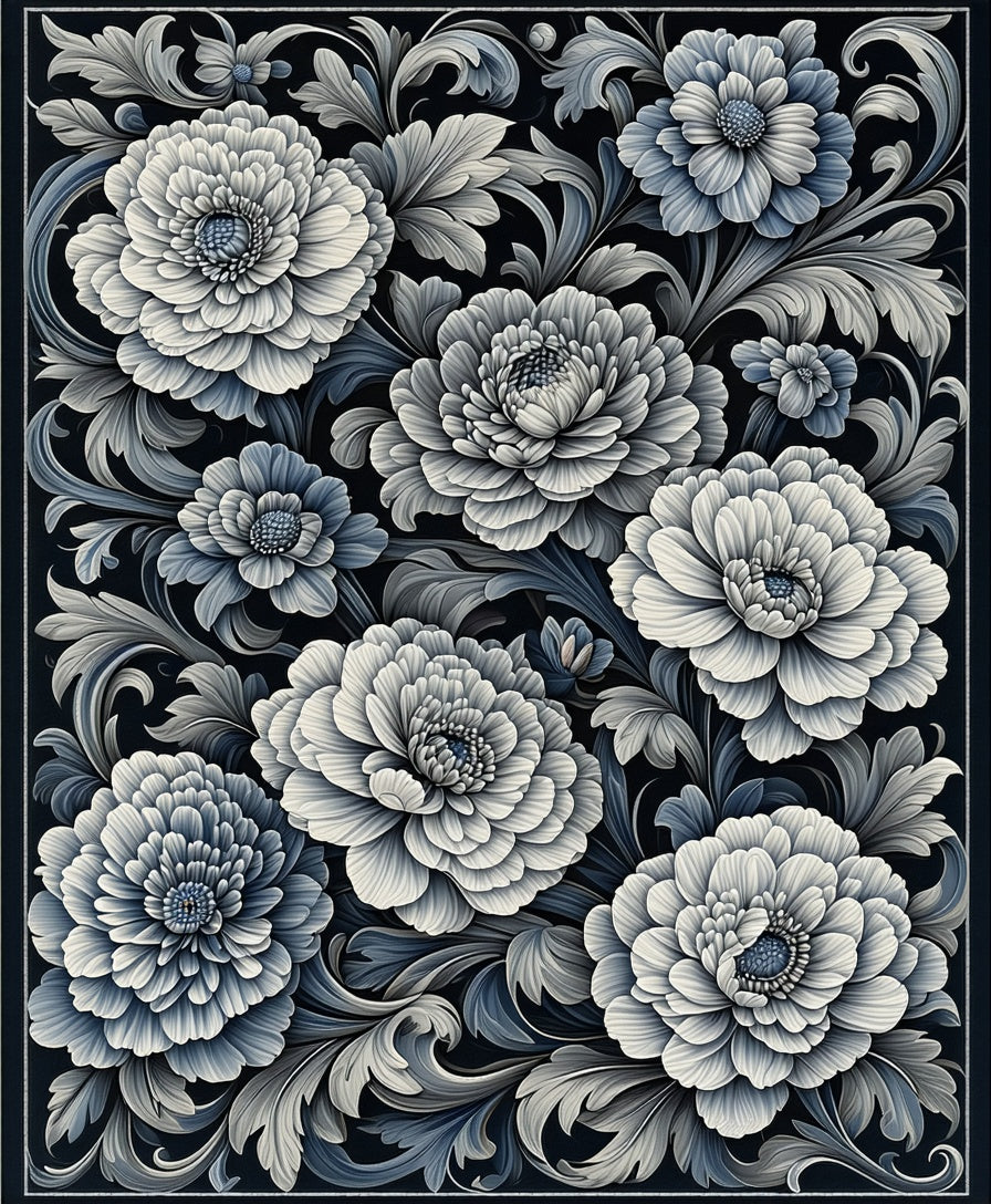 Intricate Floral Scrollwork Damask Rug
