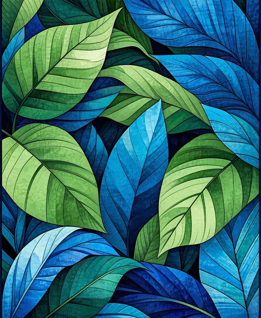 Abstract Leaf Pattern Blue-Green Design Rug