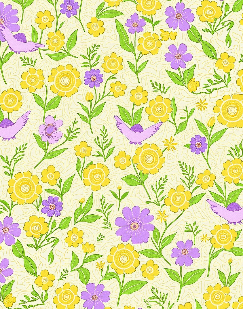 Yellow Violet Floral Bird Pattern Rug