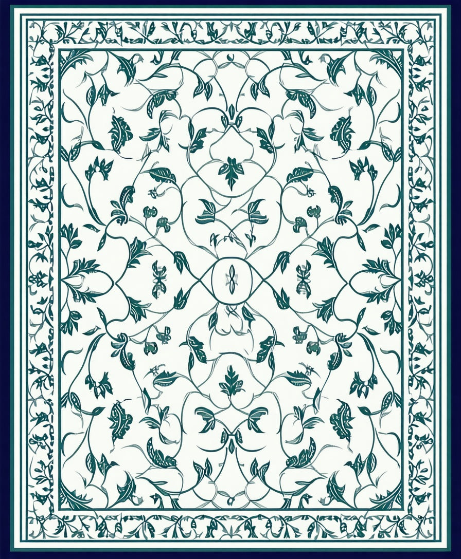 Dark Teal Floral Vine Pattern Rug