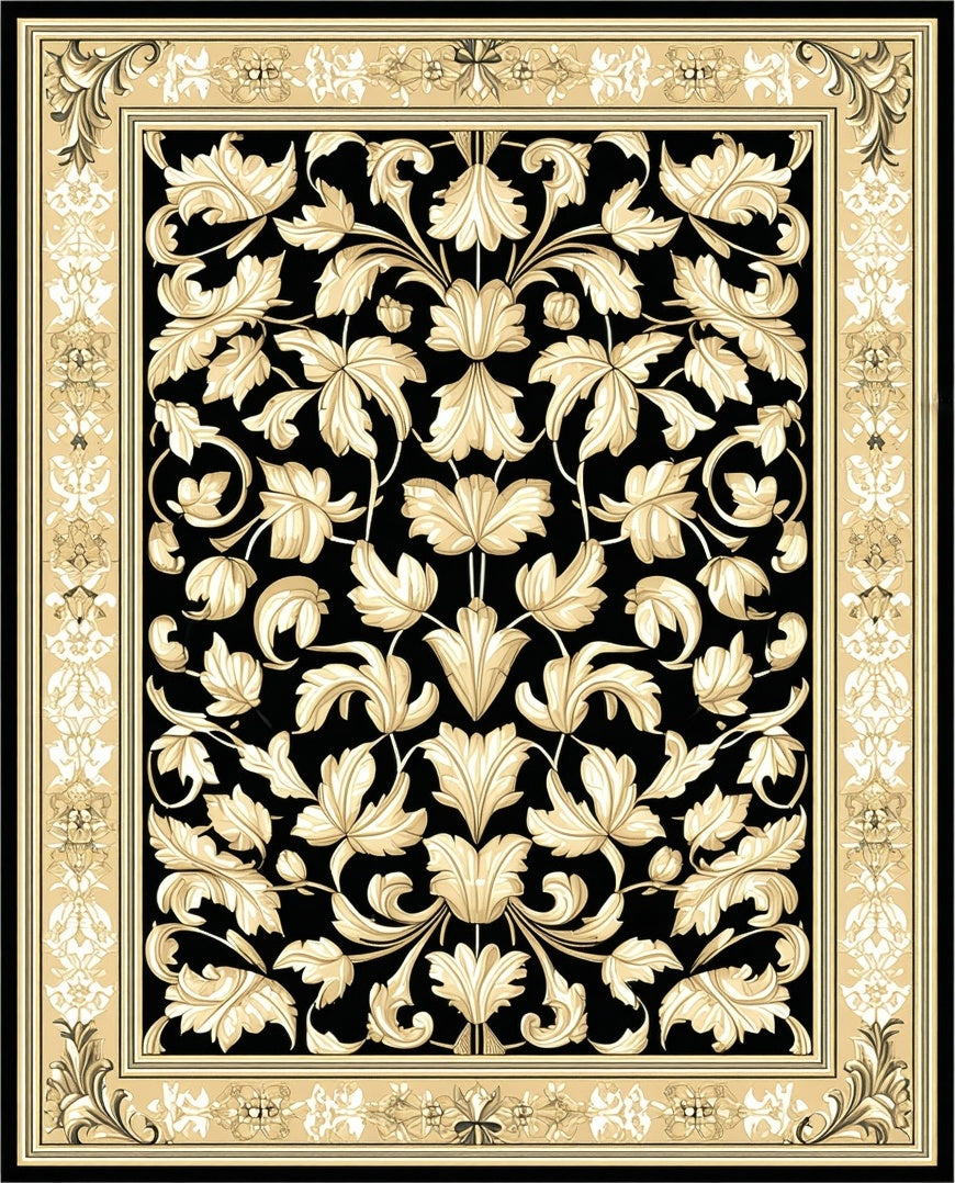 Rich Black Gold Floral Damask Rug