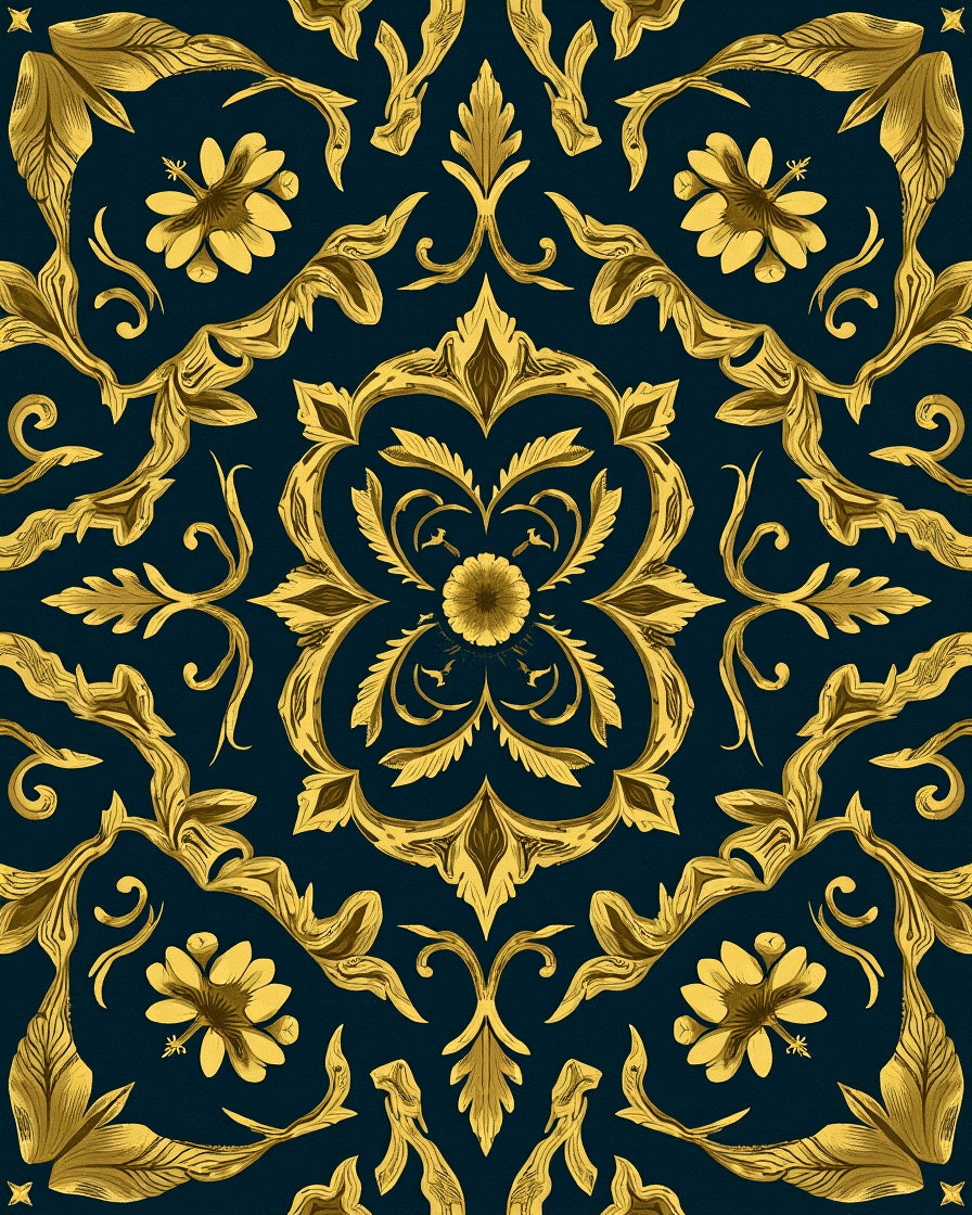 Ornate Golden Floral Medallion Pattern Rug