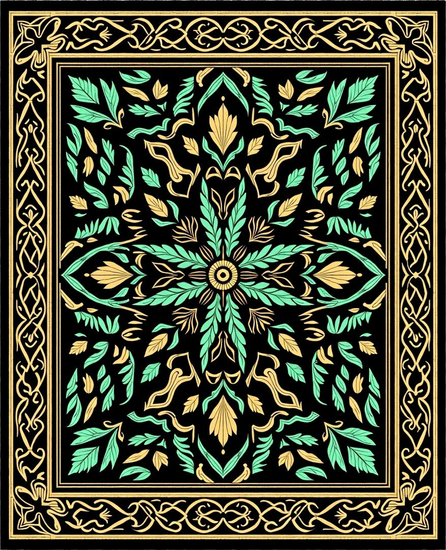 Black Golden Mint Floral Medallion Rug