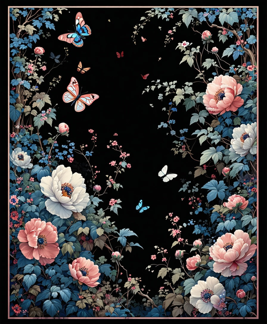 Dark Floral Garden With Butterflies Rug