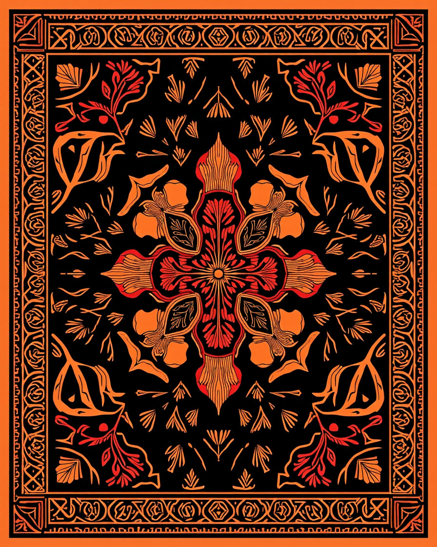 Bold Floral Motif Orange Red Rug