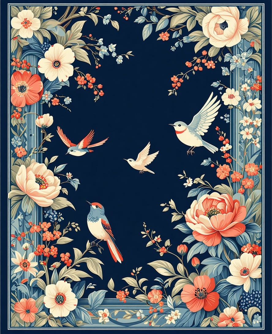 Floral Birds with Navy Background Pattern Rug