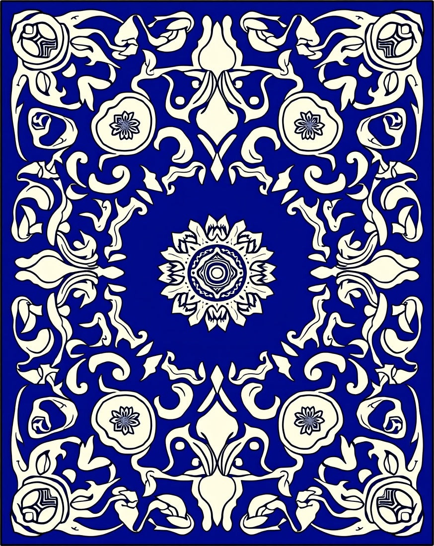 Royal Blue Floral Scroll Pattern Rug