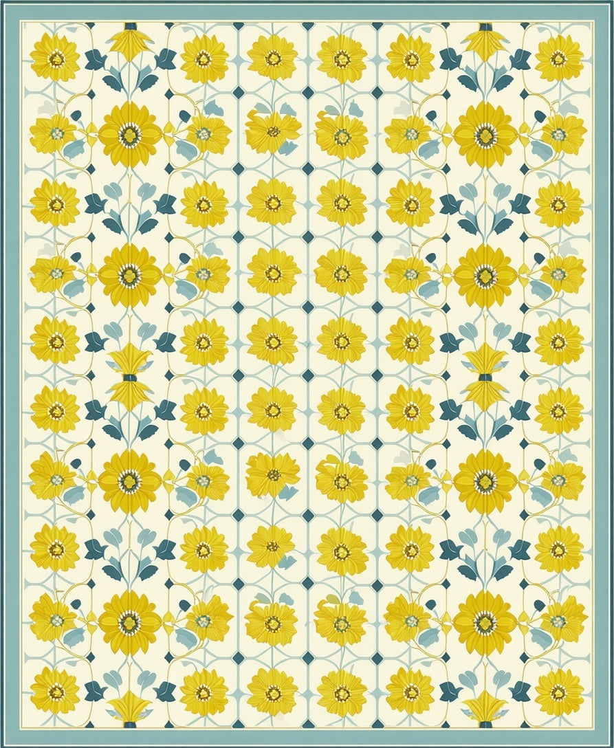 Yellow Floral Pattern Tile Rug