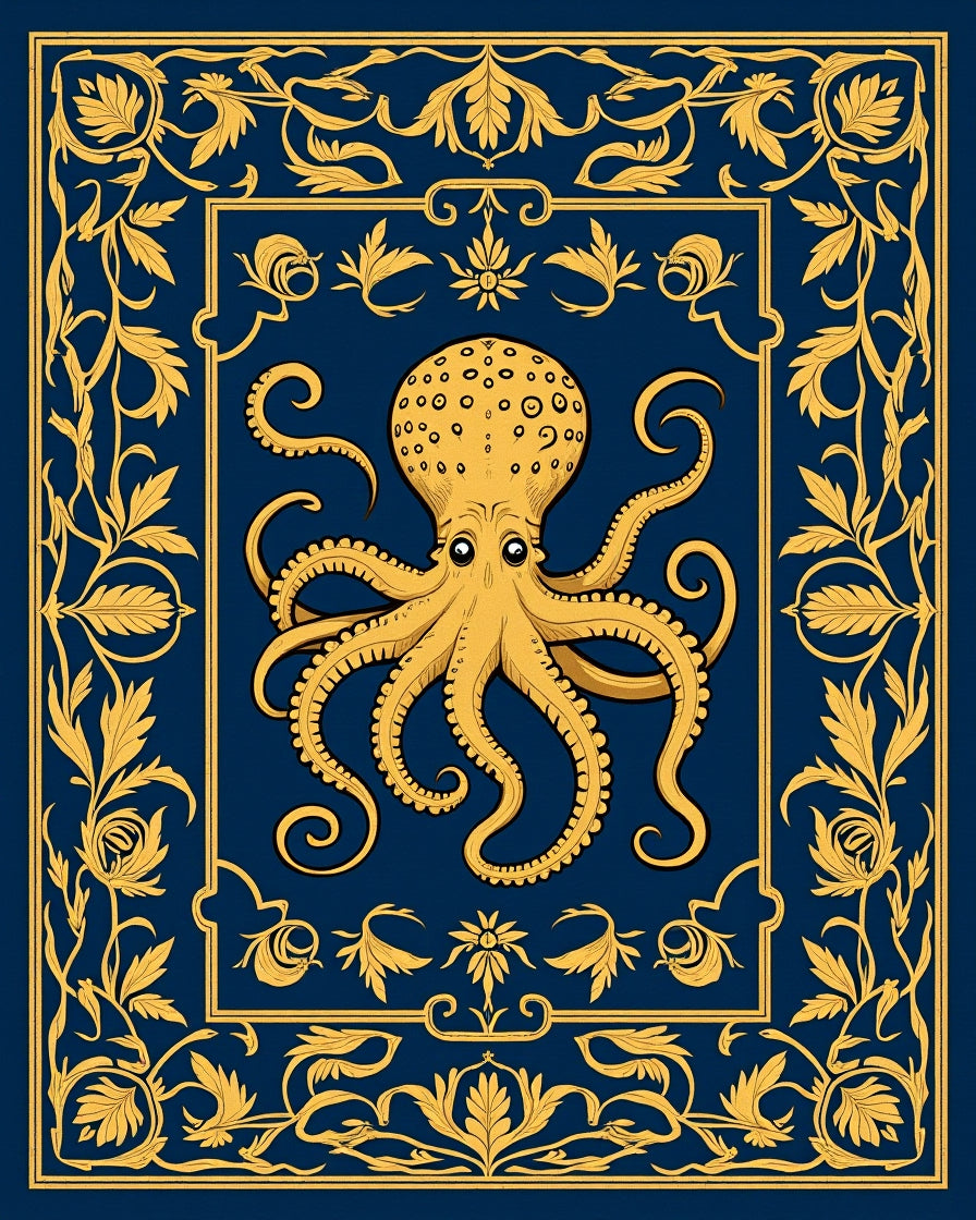 Vintage Octopus And Floral Border Design Rug