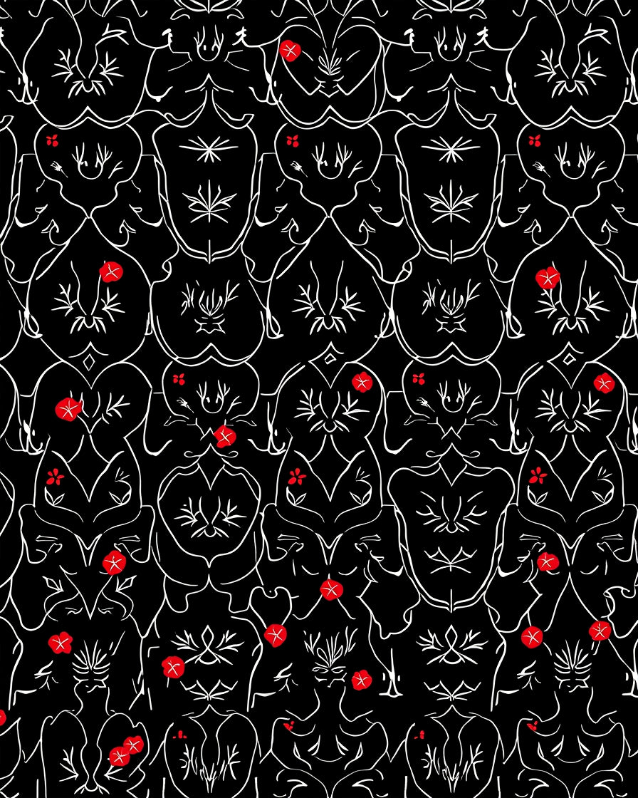 Minimalist Red Floral Black Scroll Rug