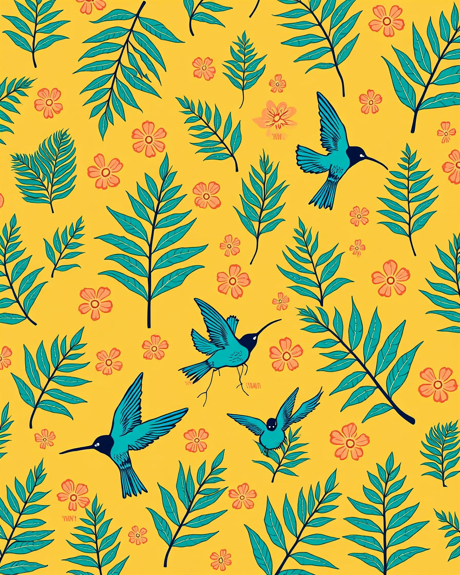 Tropical Ferns and Hummingbirds Pattern Rug