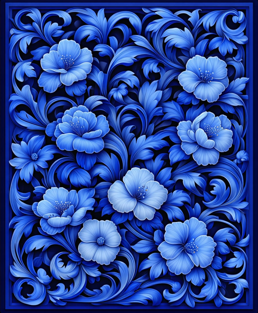 Royal Blue Floral Scroll Pattern Rug