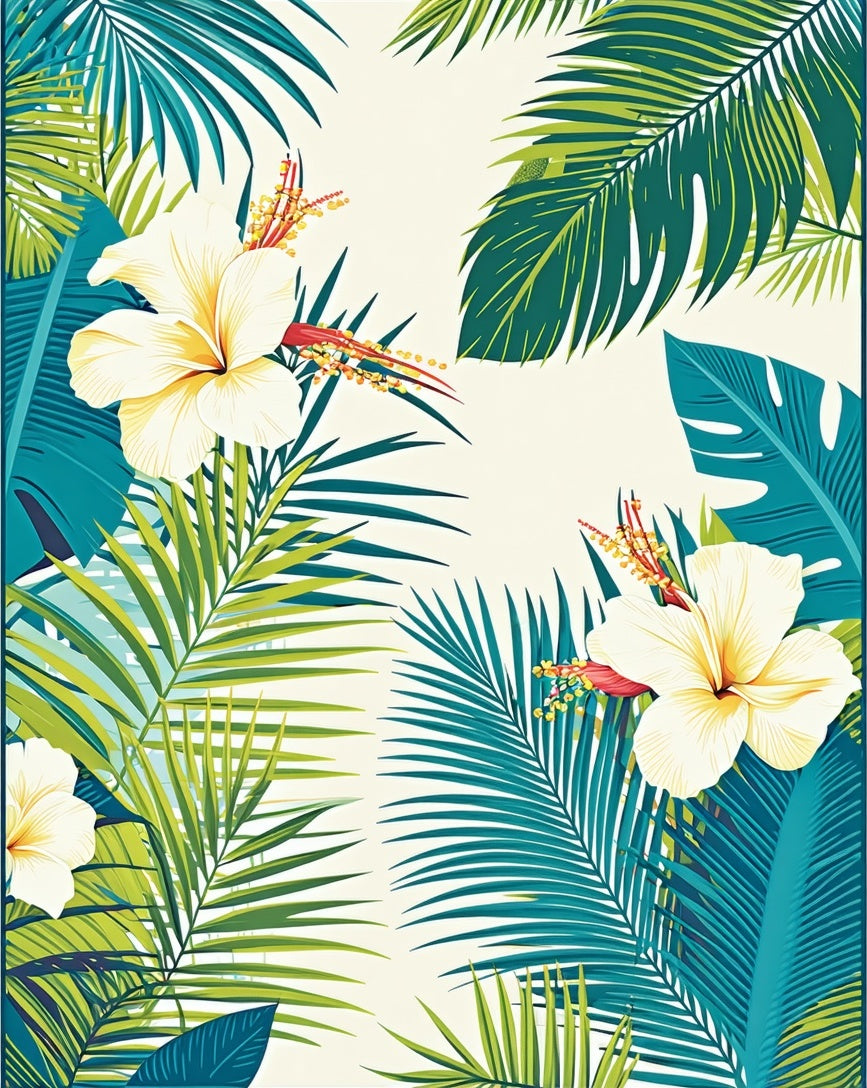 Tropical Hibiscus Palm Leaf Pattern Rug