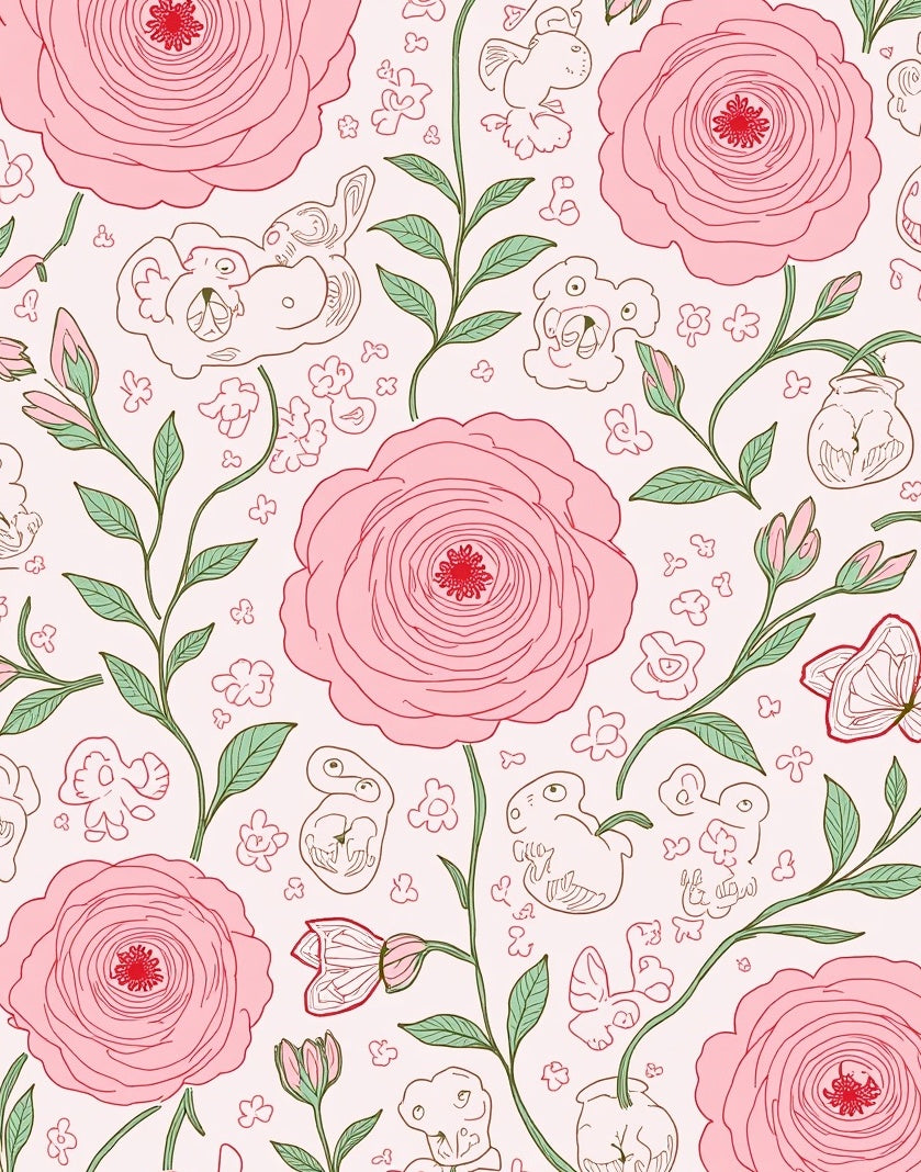 Whimsical Pink Floral Animal Pattern Rug