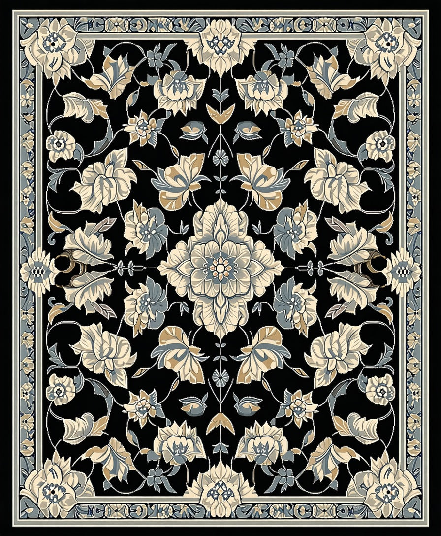 Ornate Floral Design Black Traditional Rug
