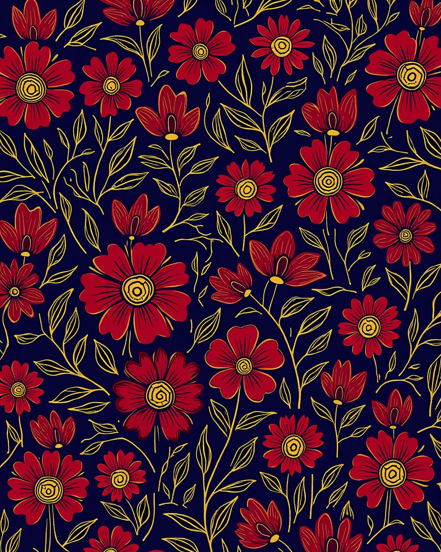 Red Floral Pattern with Yellow Outline Rug