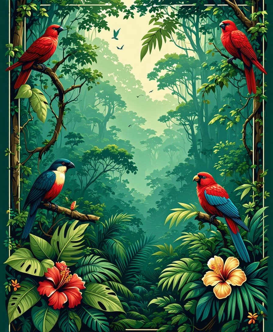 Lush Tropical Rainforest With Parrots Rug
