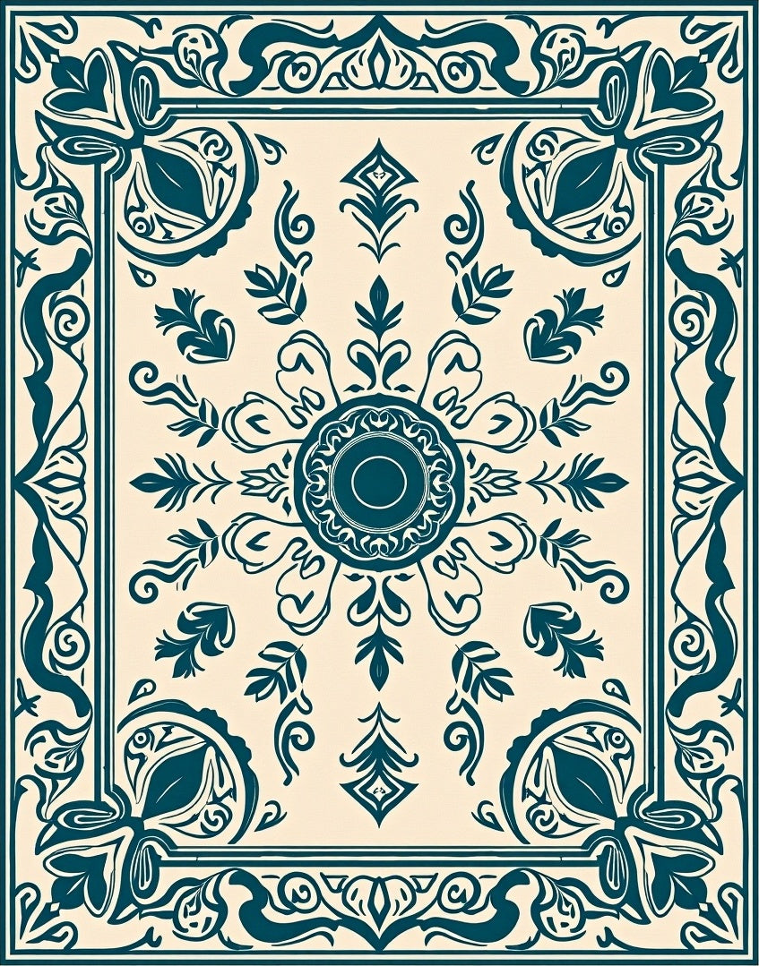 Classic Teal Floral Border Design Rug