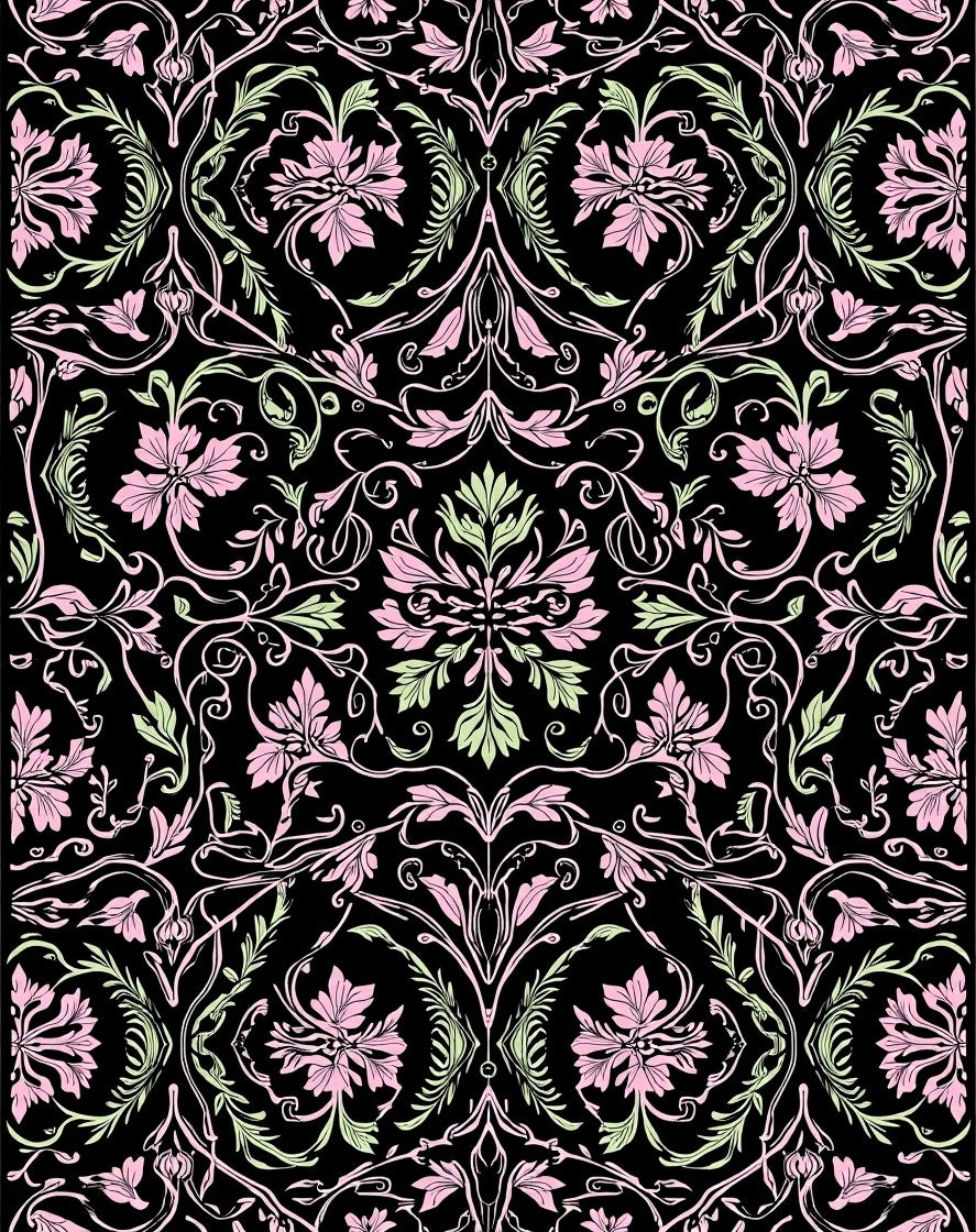 Pink and Green Floral Vines Pattern Rug