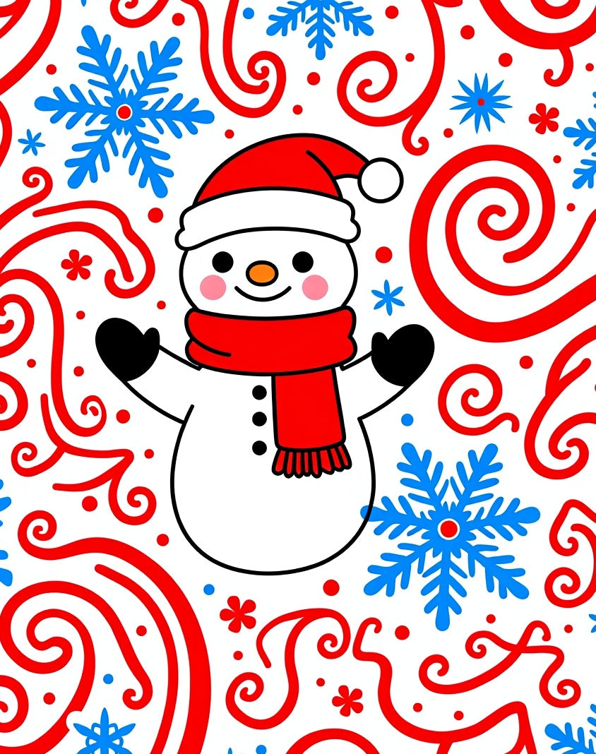 Chubby Snowman White Red Blue Swirls Rug