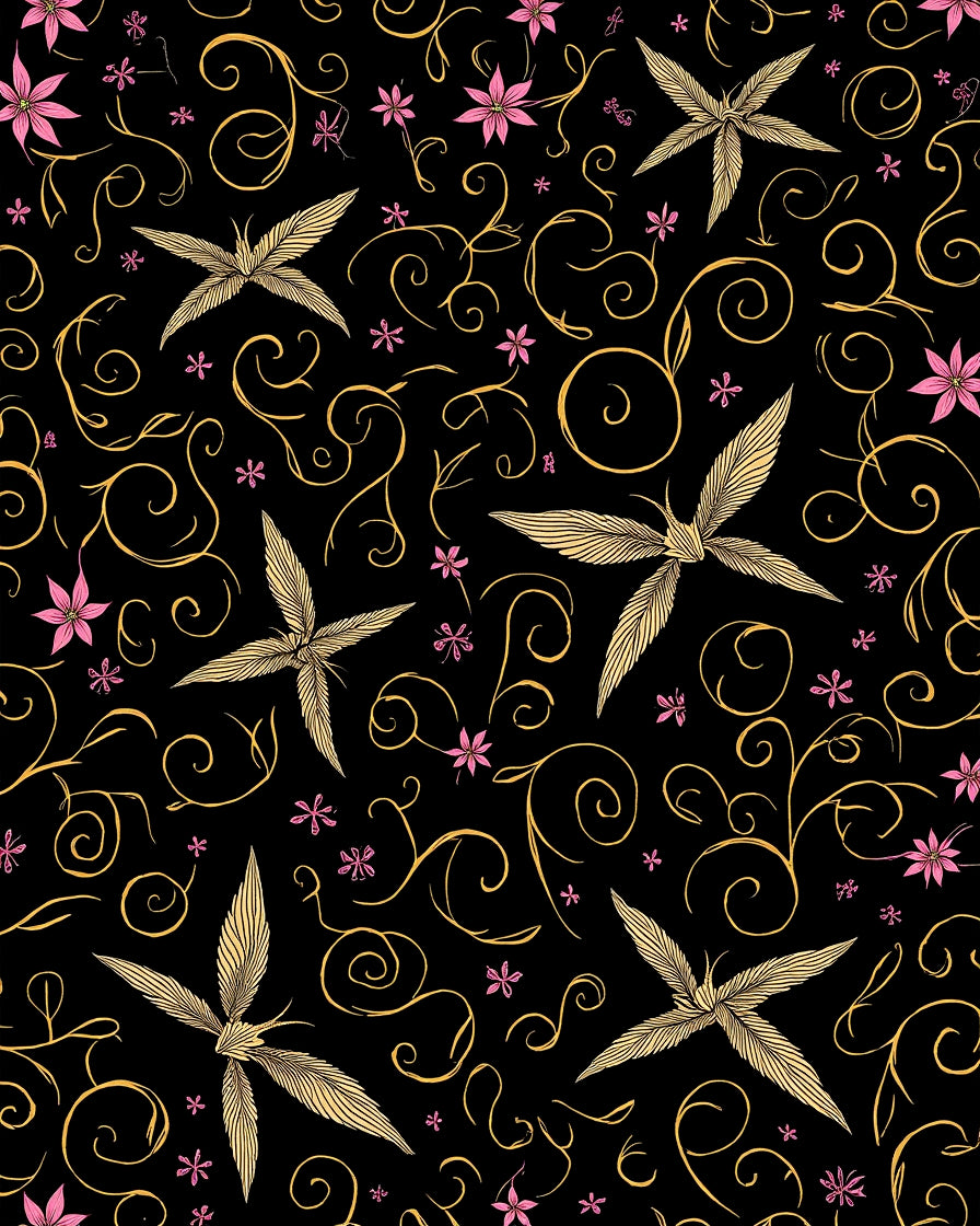Whimsical Golden Swirls Pink Flowers Rug