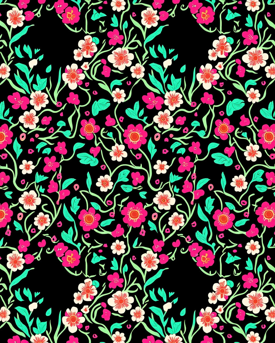 Vibrant Floral Vines With Black Background Rug