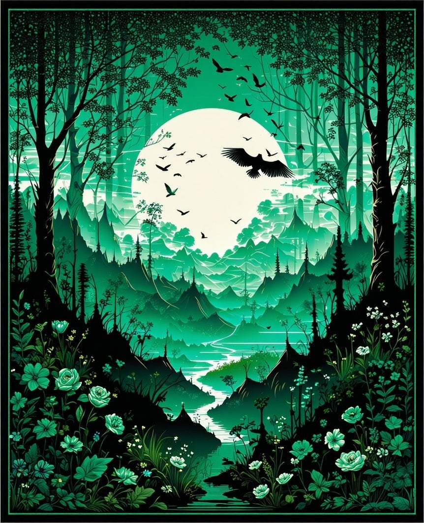Emerald Forest Moonlit Bird Flock Design Rug