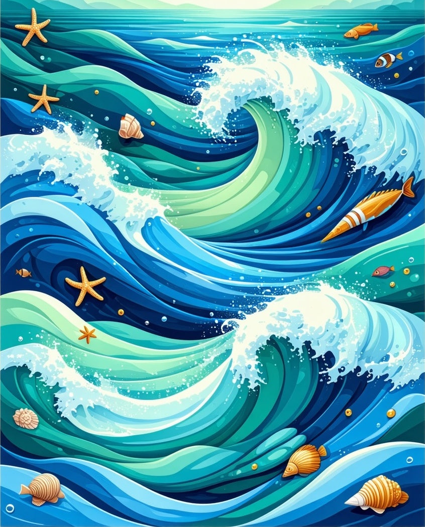 Vibrant Ocean Waves with Marine Life Rug