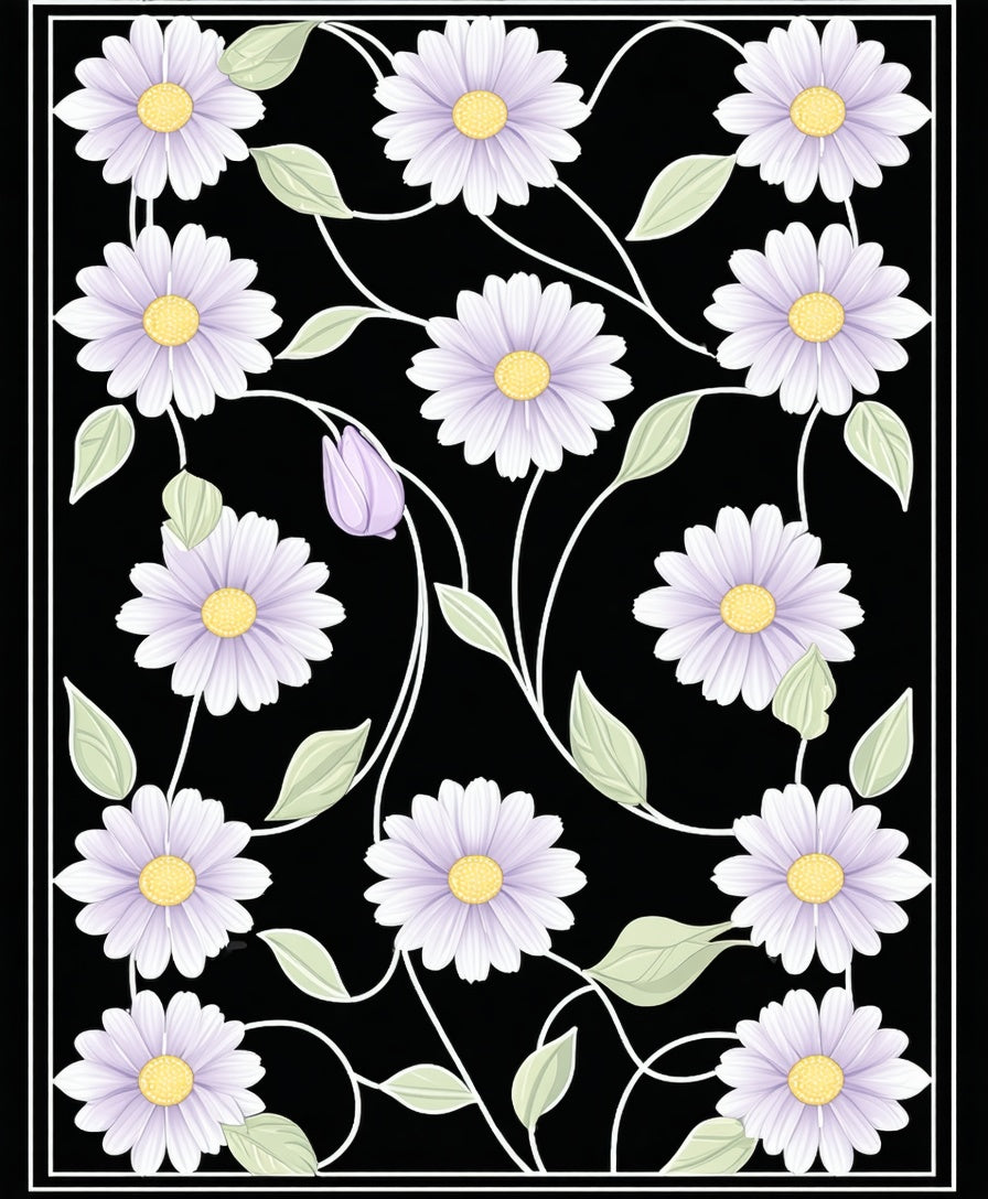 Light Floral Vines Black Pattern Rug
