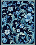 Deep Blue Floral Vine Pattern Rug