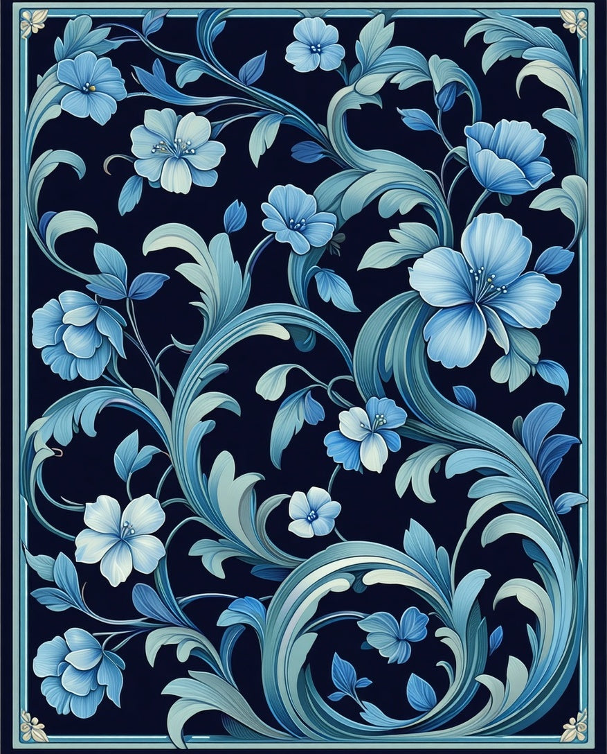 Deep Blue Floral Vine Pattern Rug