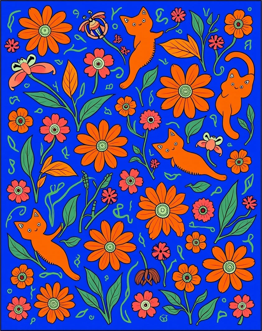 Whimsical Orange Cats And Flowers Pattern Rug