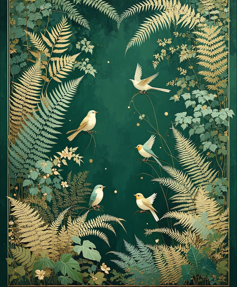 Emerald Forest Bird and Fern Pattern Rug