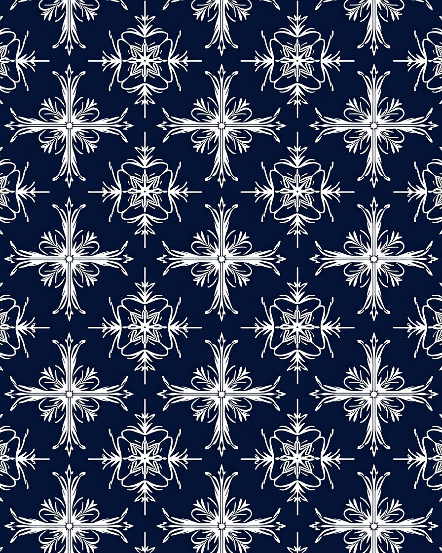 Navy White Scrolling Floral Medallion Rug